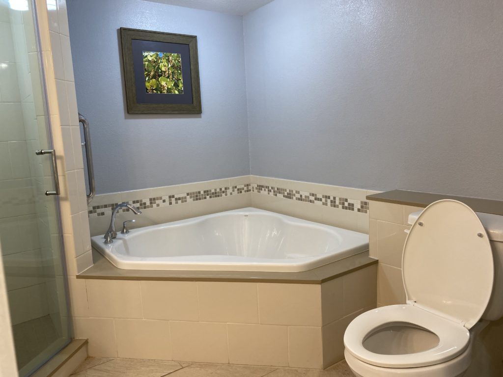 a bathroom with a tub toilet and a picture on the wall