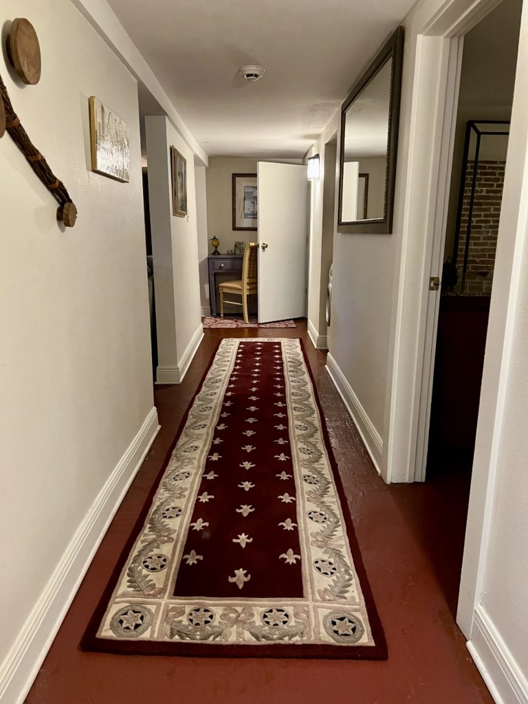 a hallway with a rug and a door