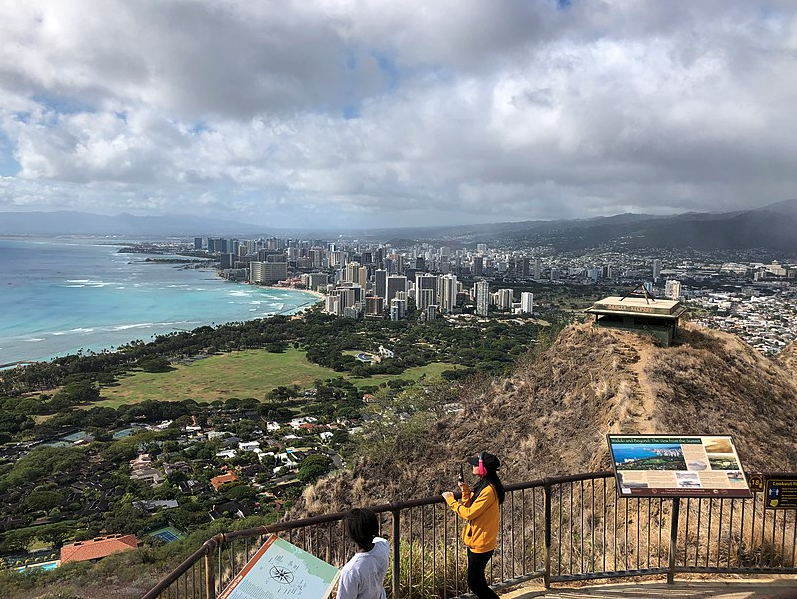 a group of people standing on a cliff overlooking Diamond Head