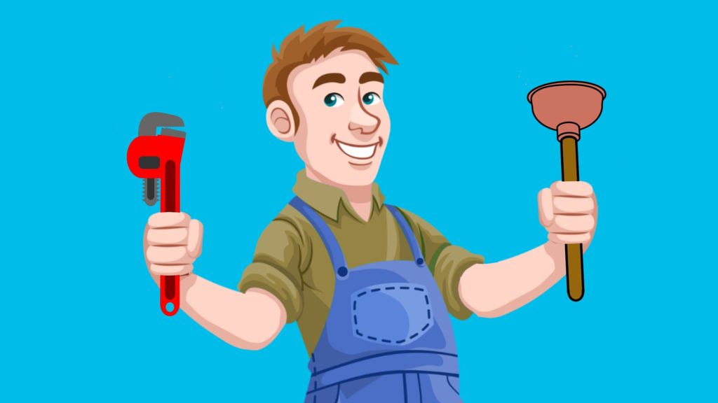 a cartoon of a man holding a plunger and a wrench