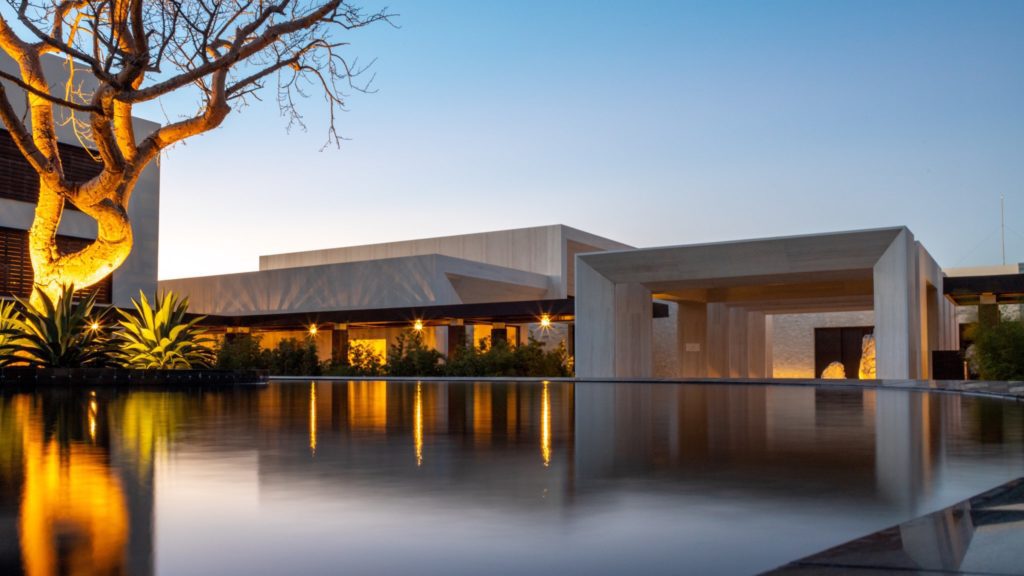 a building with a pool of water