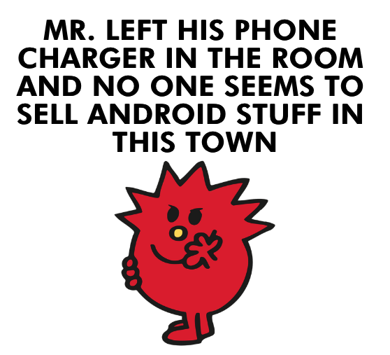 a red cartoon character with black text