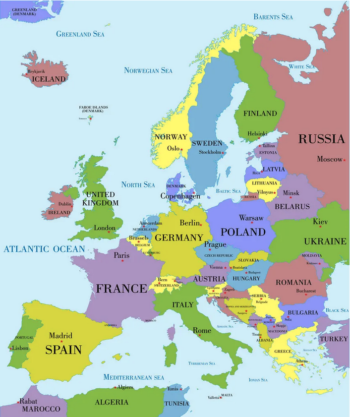 a map of europe with different colored countries/regions
