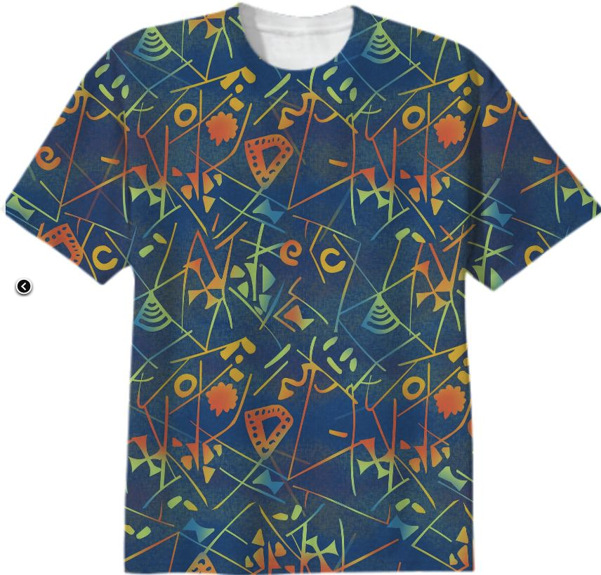 a blue and orange t-shirt with a pattern