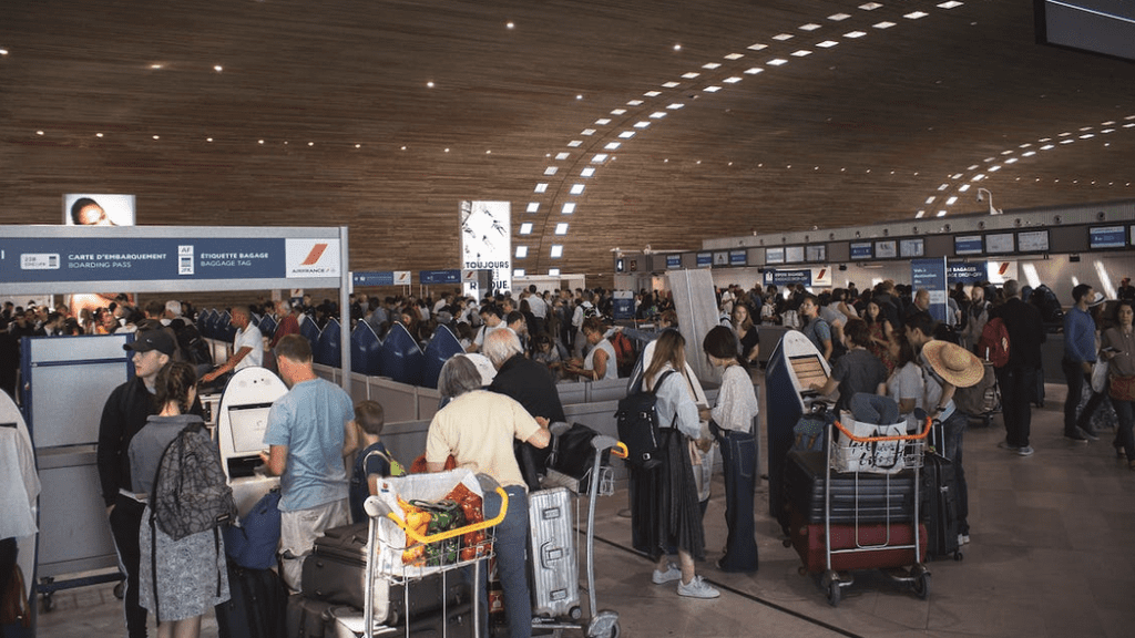 a group of people in an airport