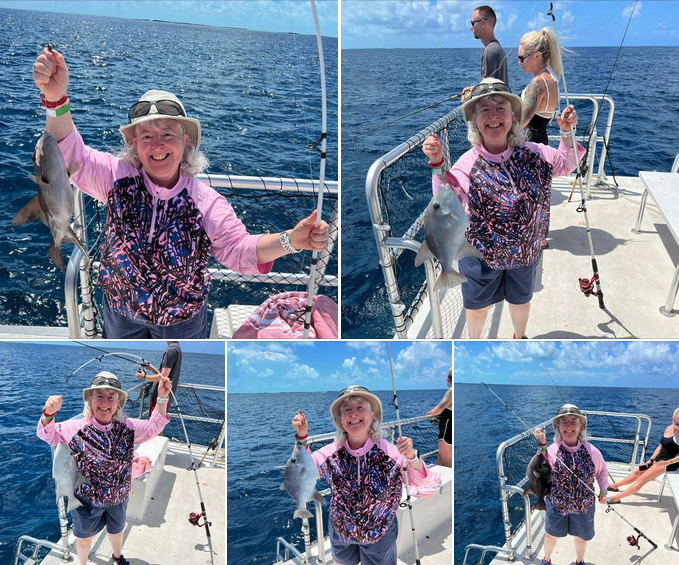 a collage of a woman holding a fish on a boat