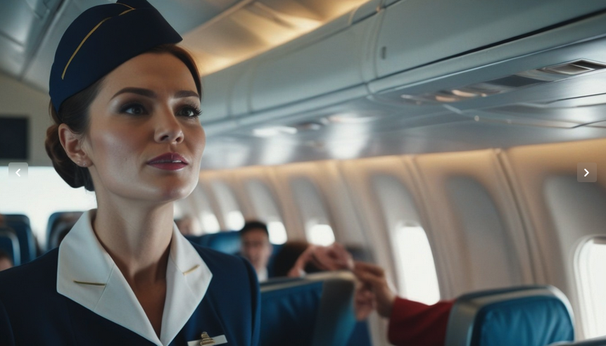 a woman in a uniform on an airplane