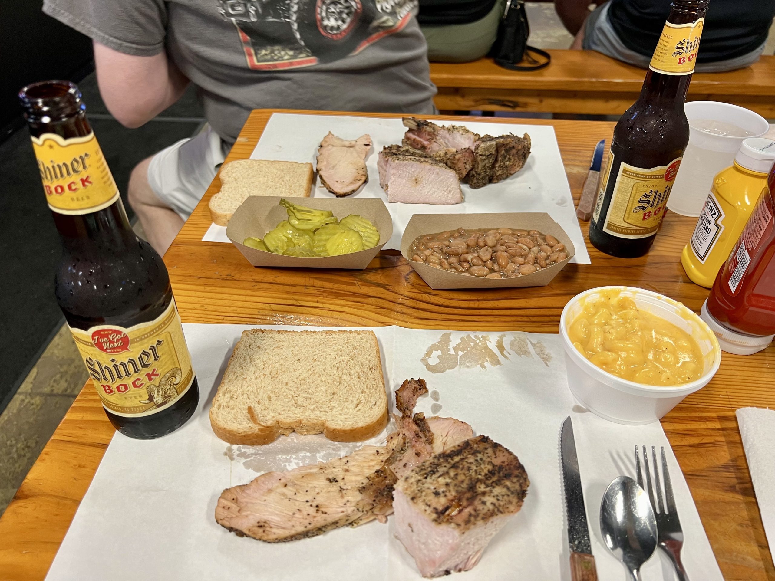 a table with food and beer