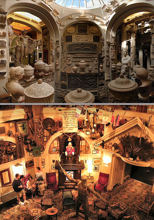 a collage of a room with statues and sculptures