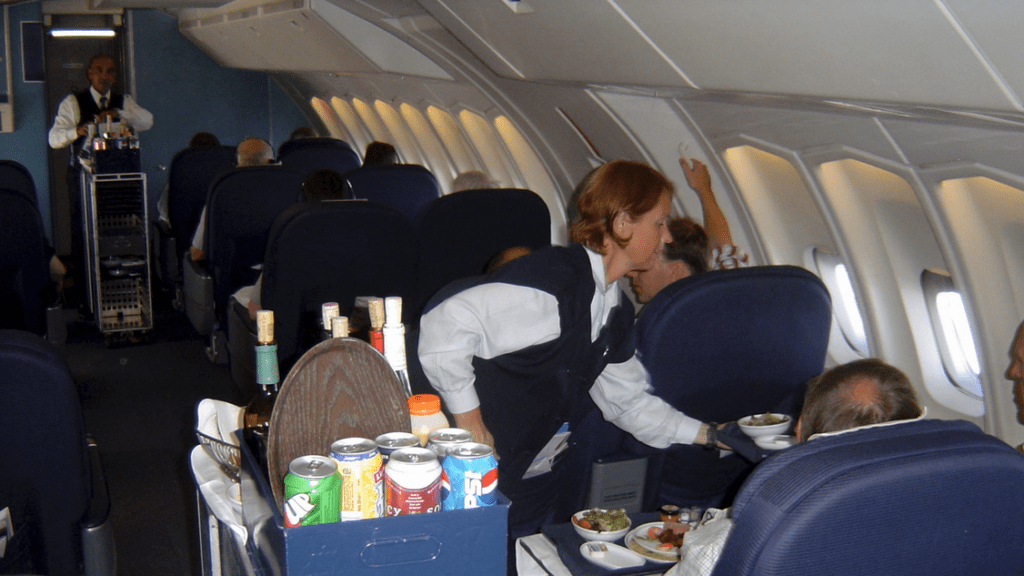 a woman serving food on an airplane