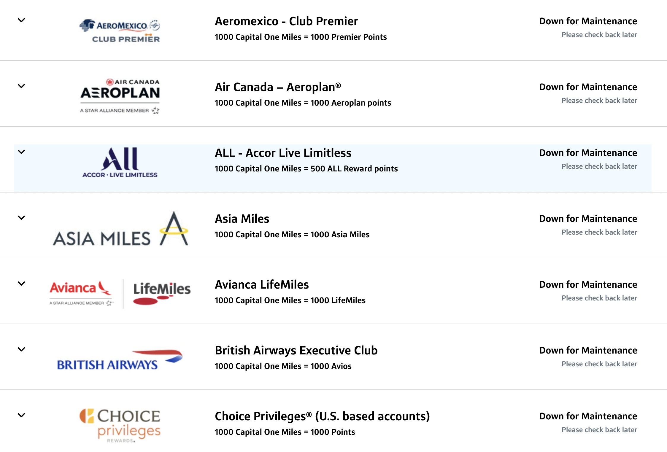 a screenshot of a list of airline miles