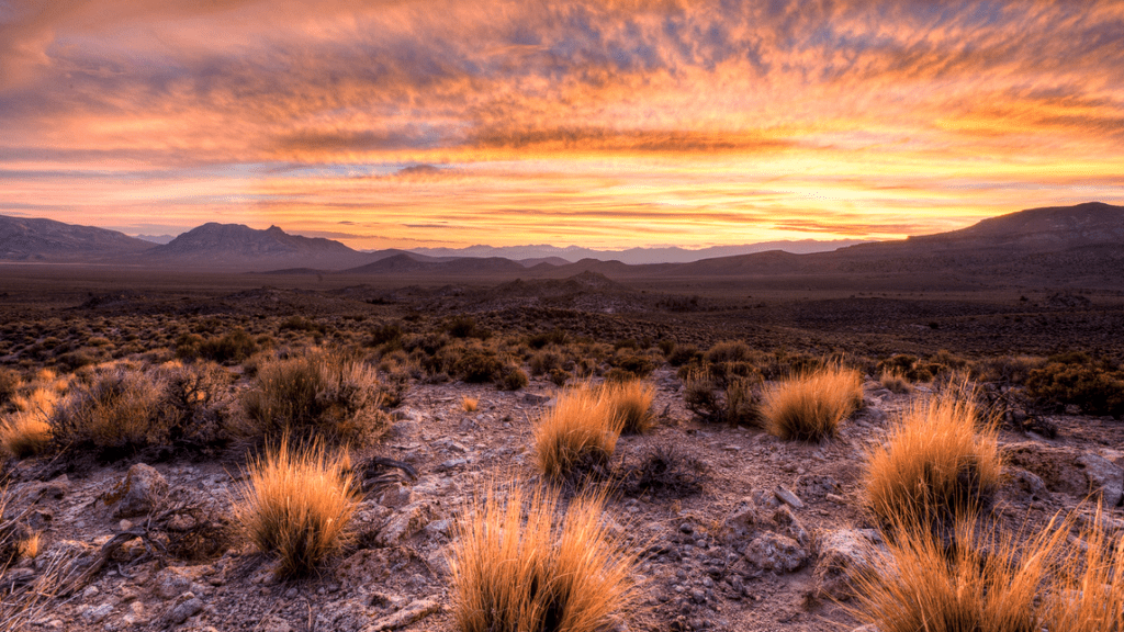 a landscape with mountains and a sunset