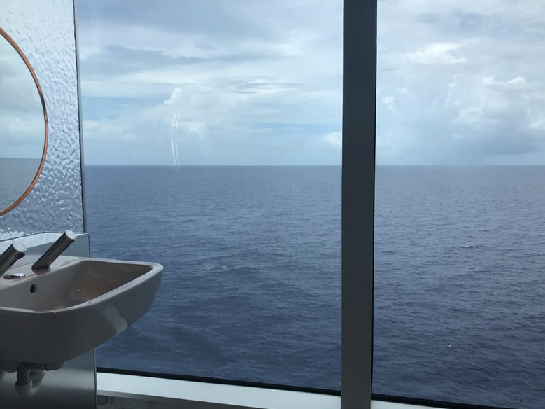 a bathroom with a large window overlooking the ocean