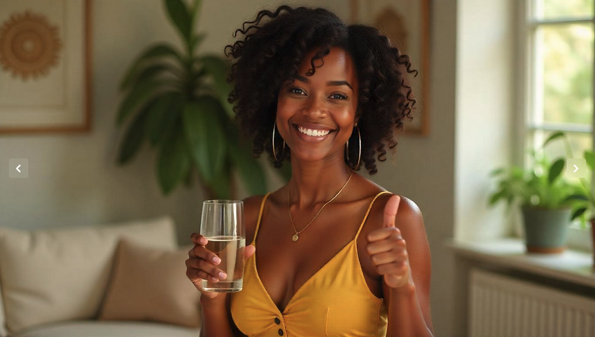 a woman holding a glass of water and giving a thumbs up