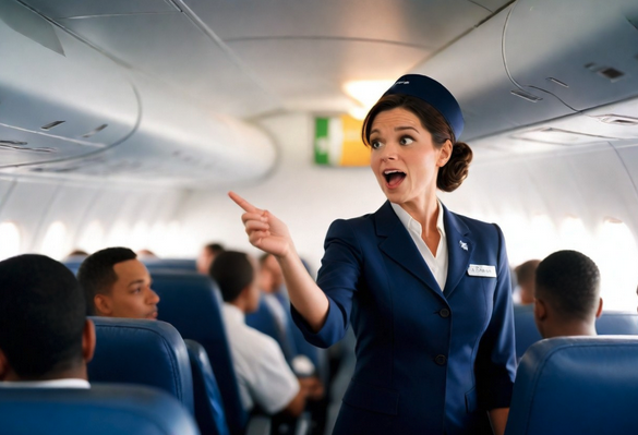 a flight attendant pointing at a person