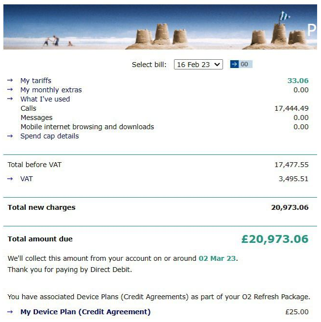 a screenshot of a phone bill