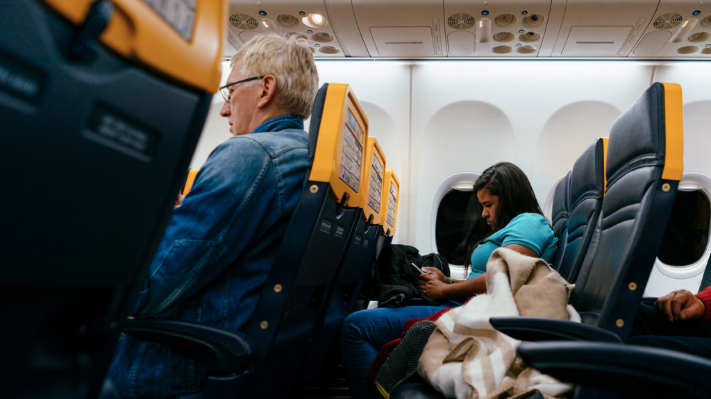 a man and woman sitting on an airplane