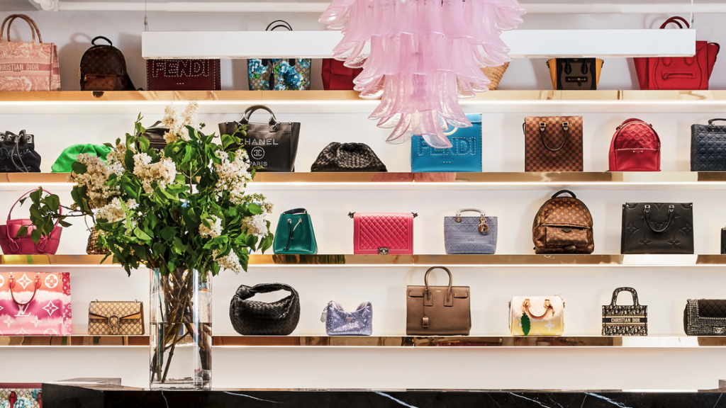 a display of purses and bags