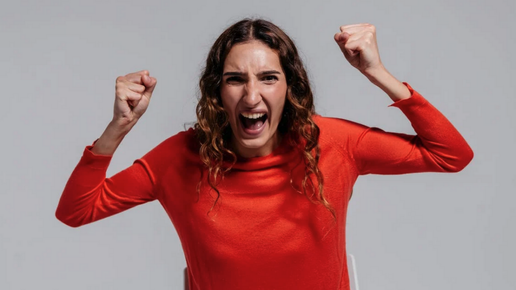 a woman in a red shirt