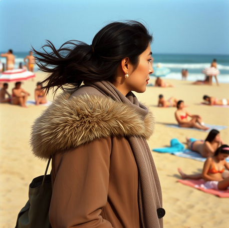 a woman in a coat on a beach