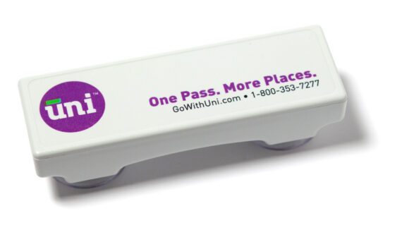 a white rectangular object with purple text