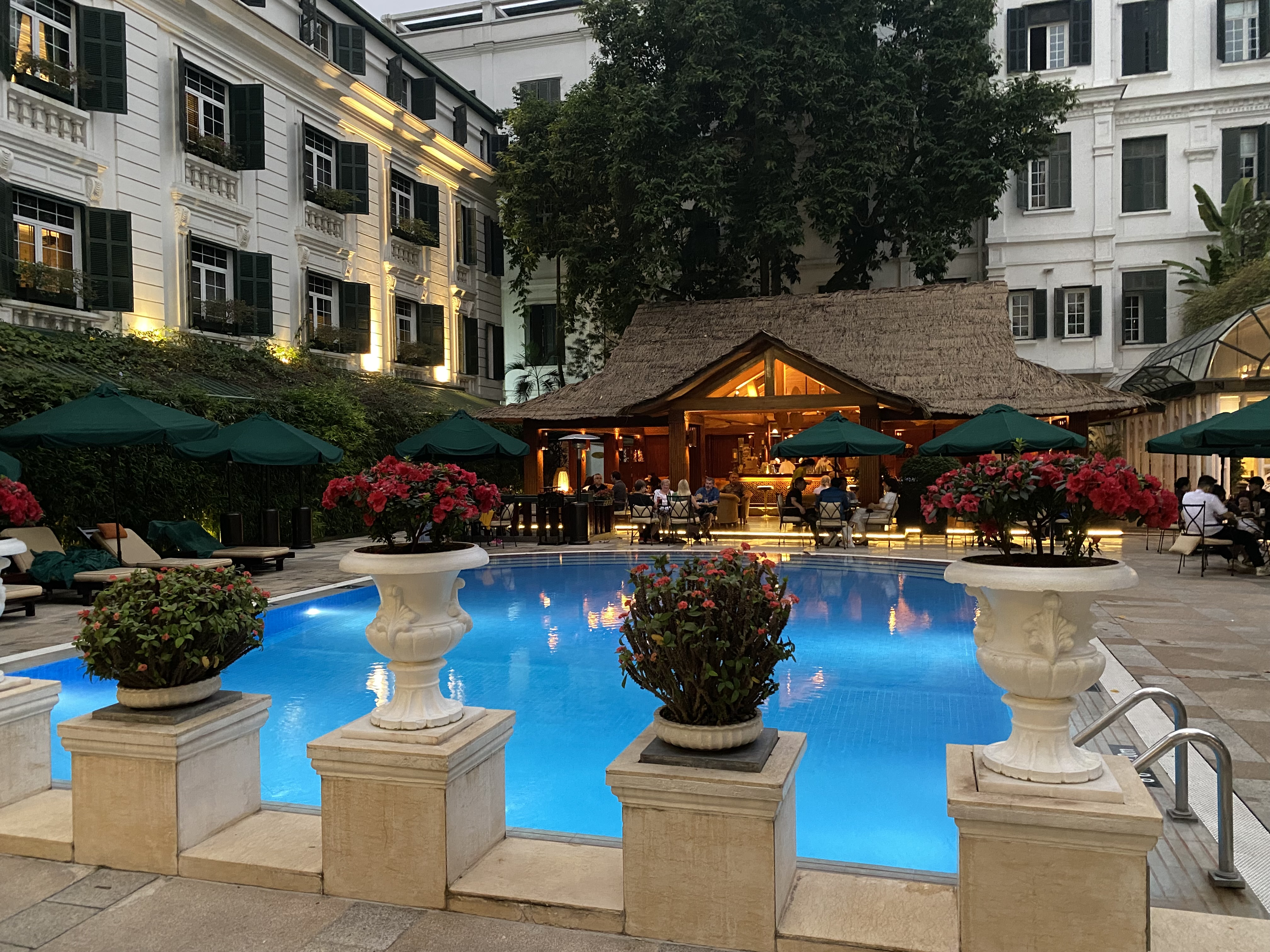 a pool with flowers and umbrellas in front of a building