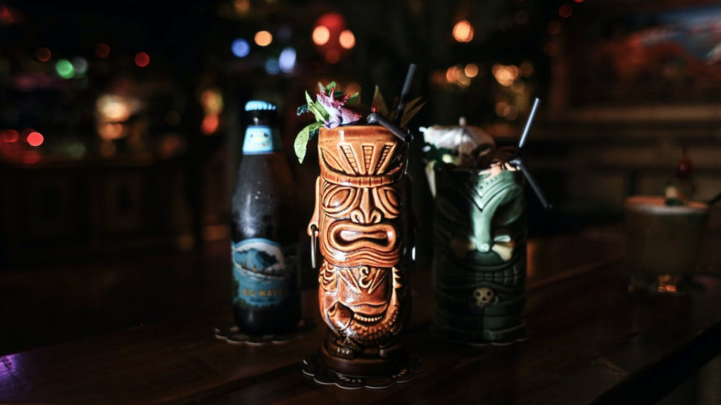 a tiki mugs on a table