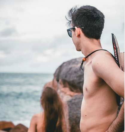 a man standing on a rocky beach