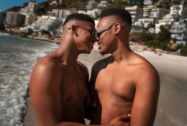 two men standing on a beach