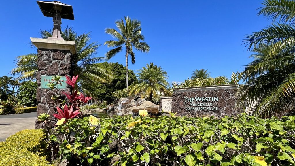 a sign with palm trees and a pool