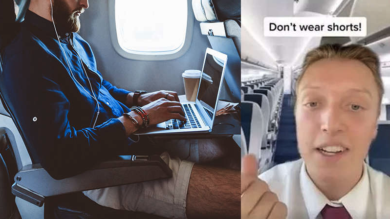 a man sitting in an airplane with a laptop and a man giving a thumbs up