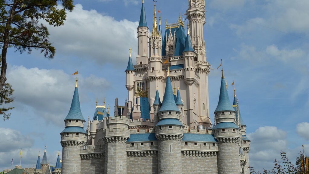 a castle with blue roofs