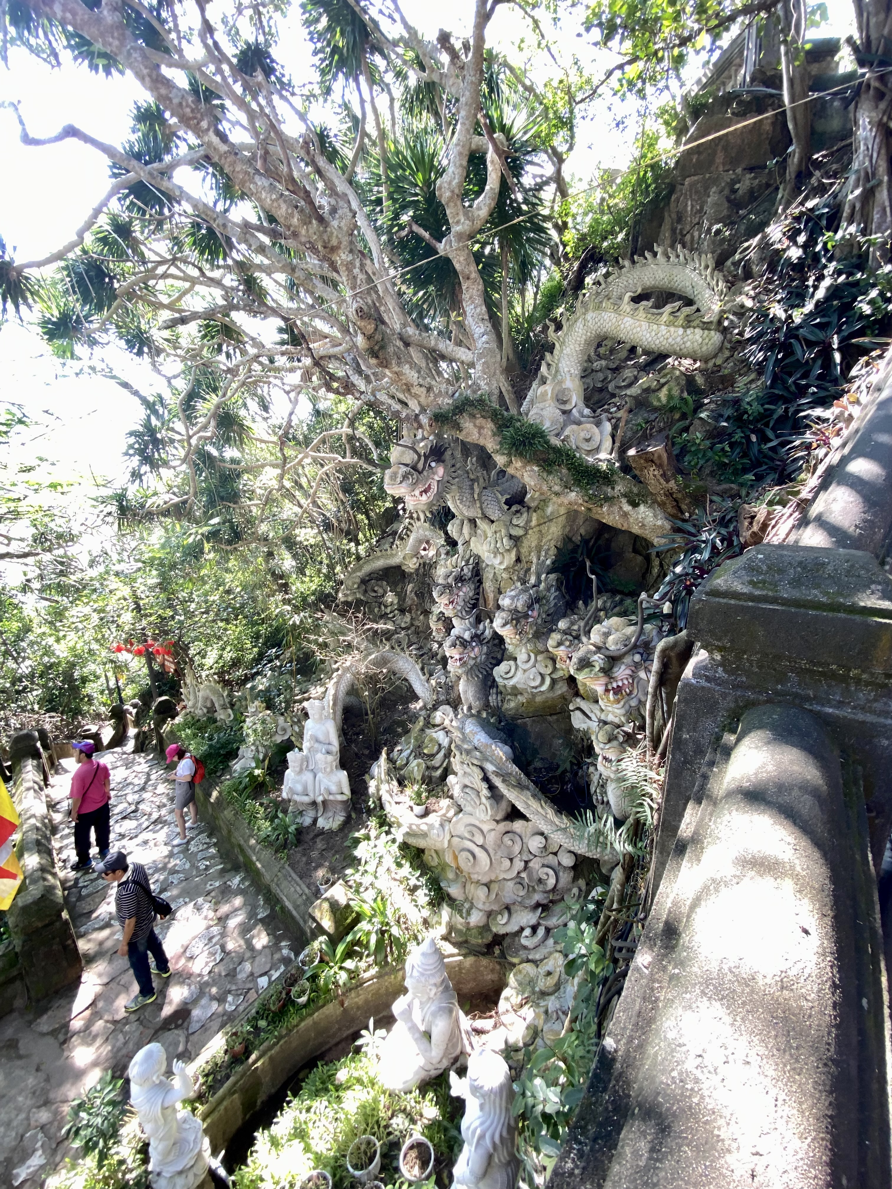 a tree with a stone wall and people walking around