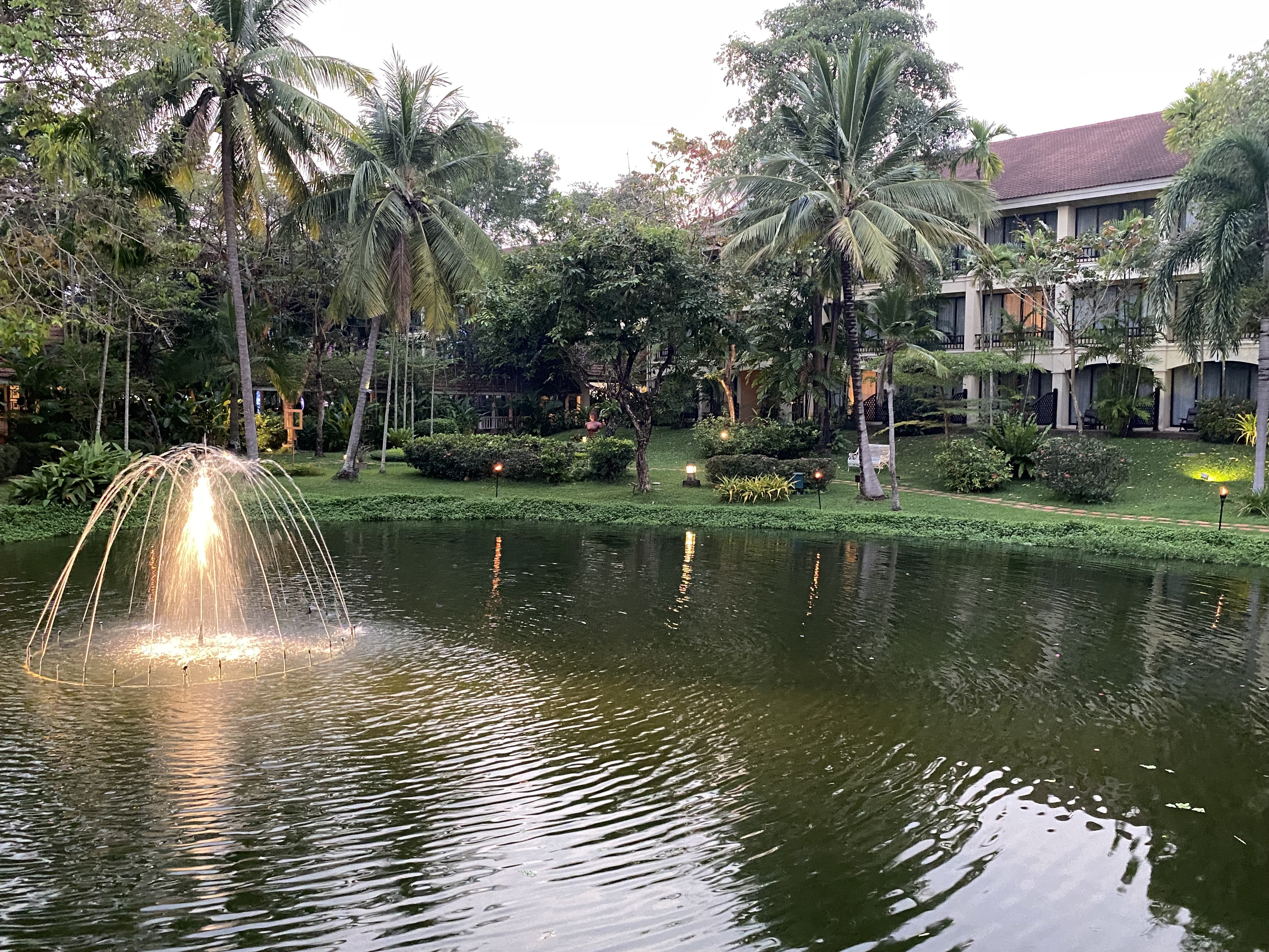 a water fountain in a pond with trees and buildings