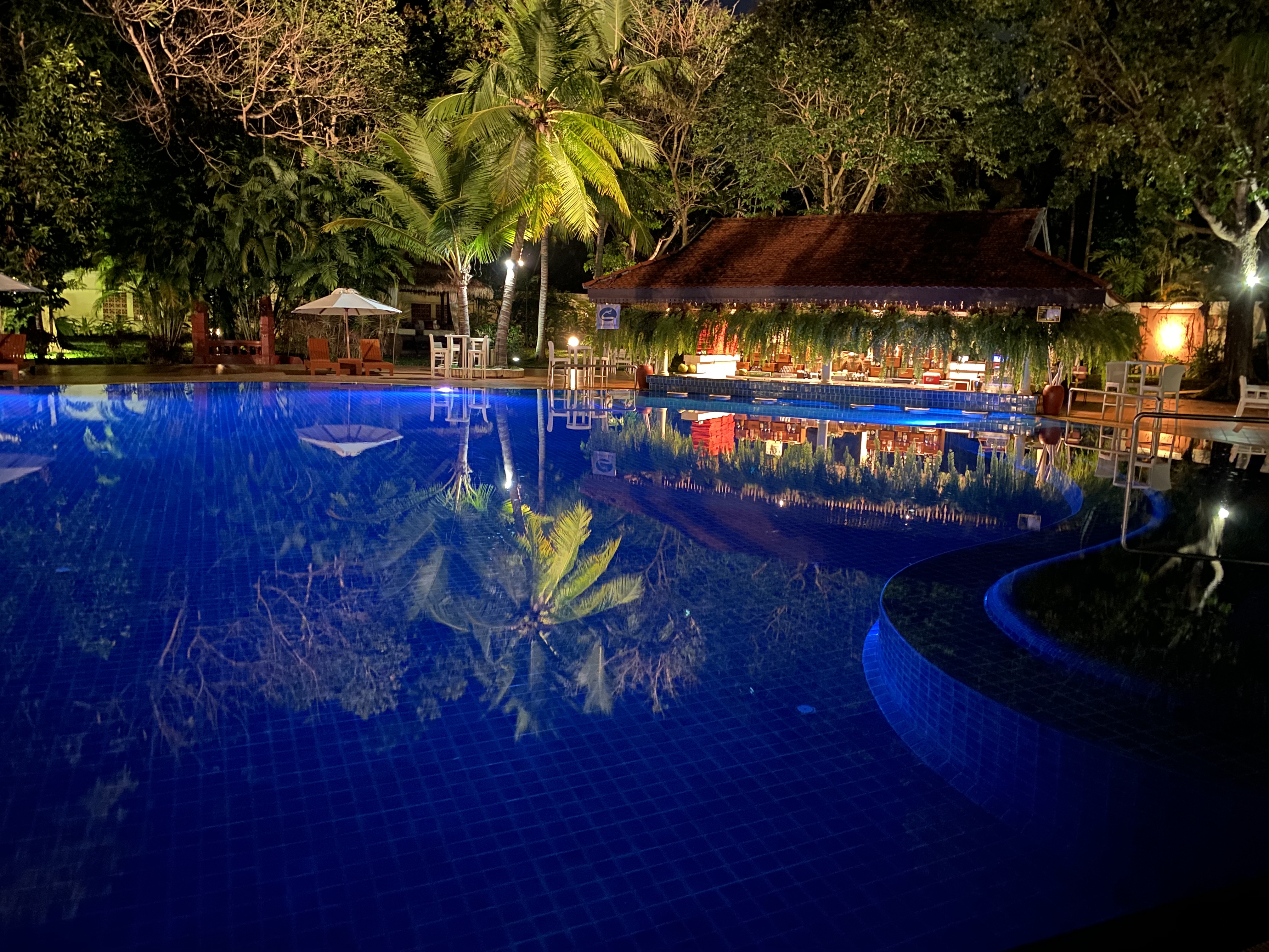 a pool with a bar and trees in the background