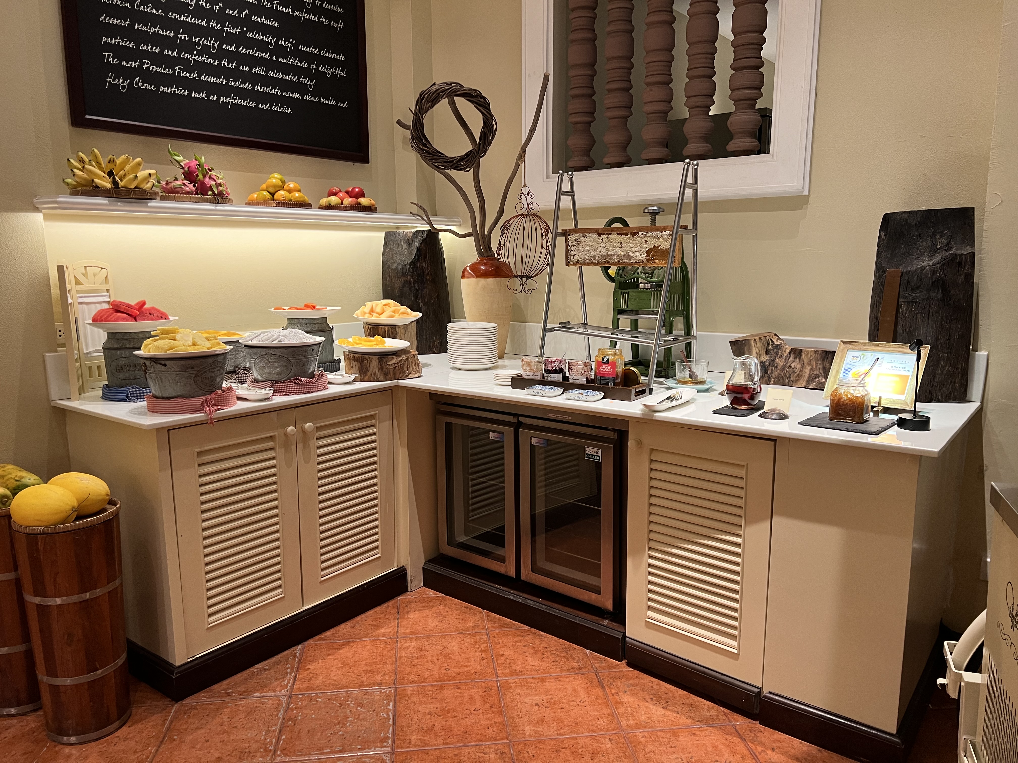 a buffet with food on the counter