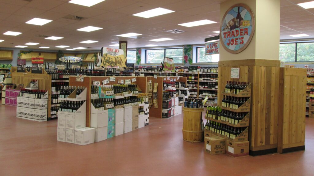 a store with shelves of wine bottles