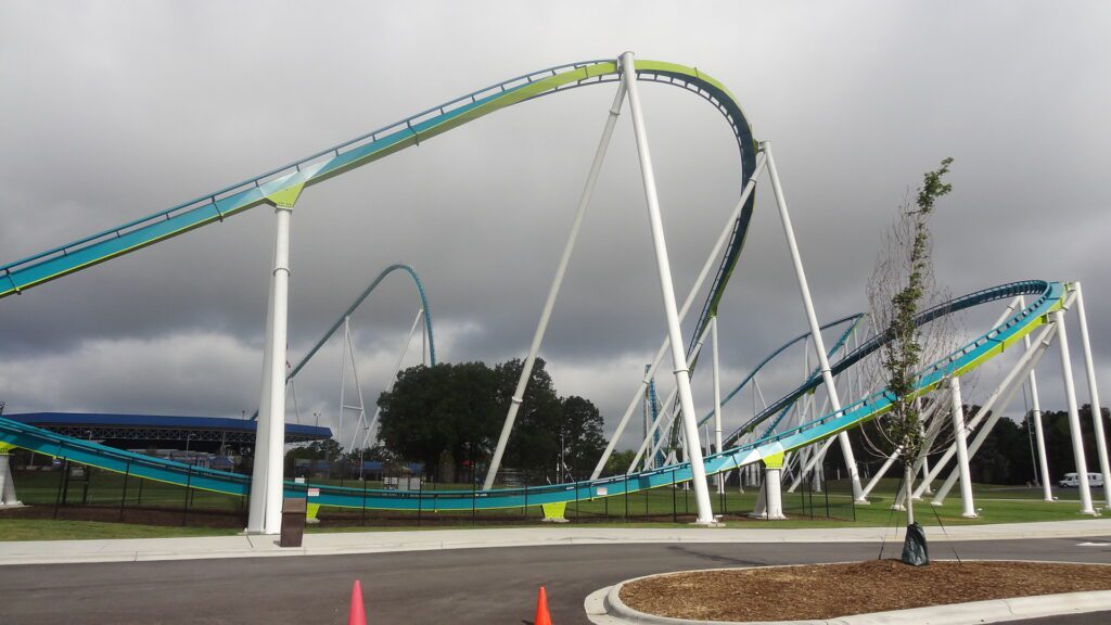 a roller coaster in a park