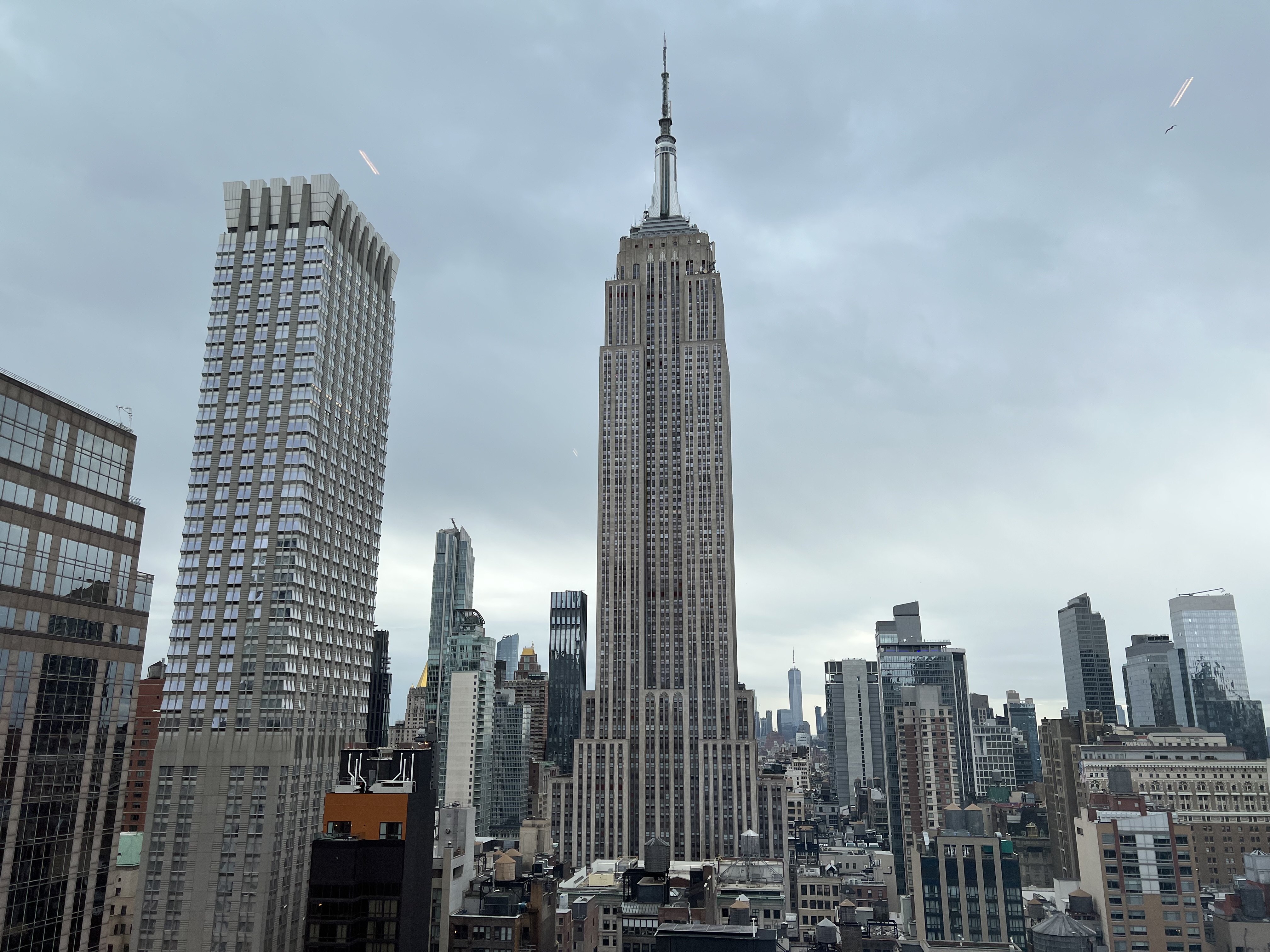 a city skyline with tall buildings