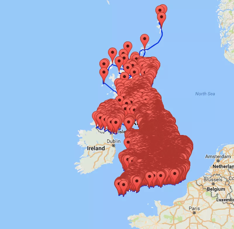 a map of england with red points