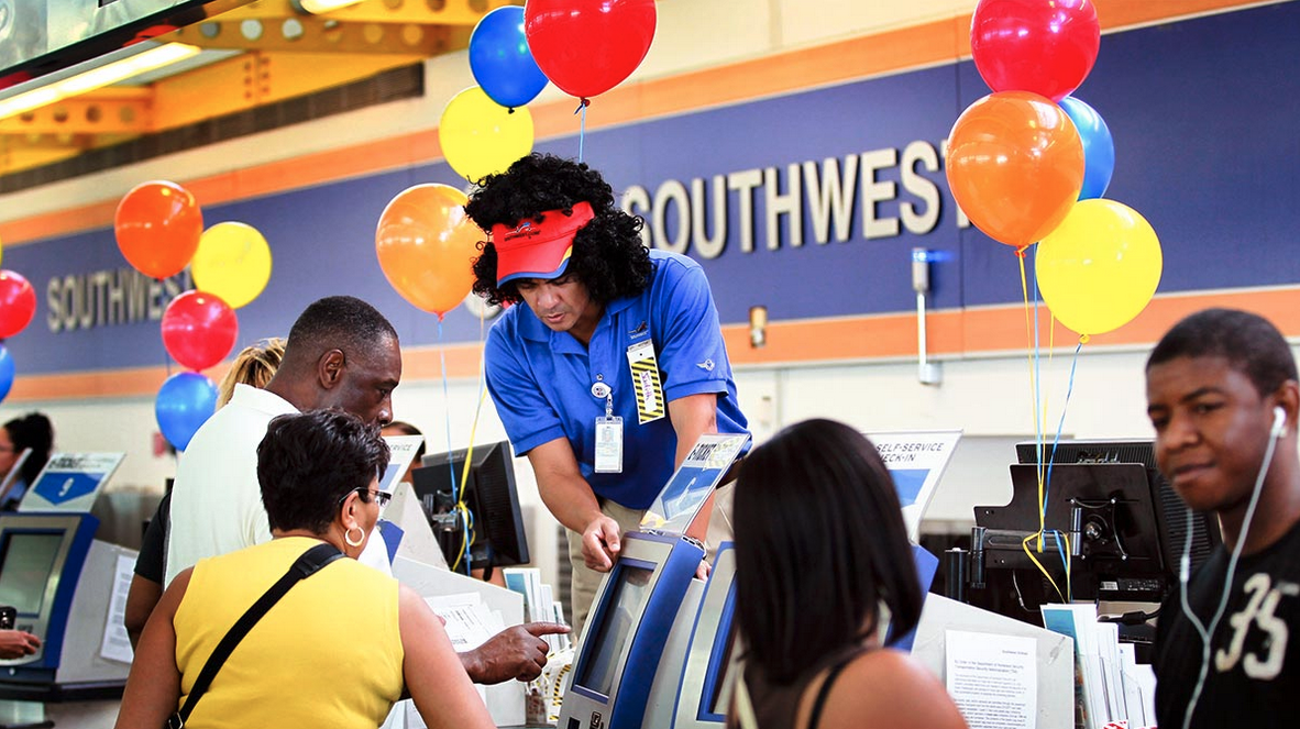 a group of people at a checkout