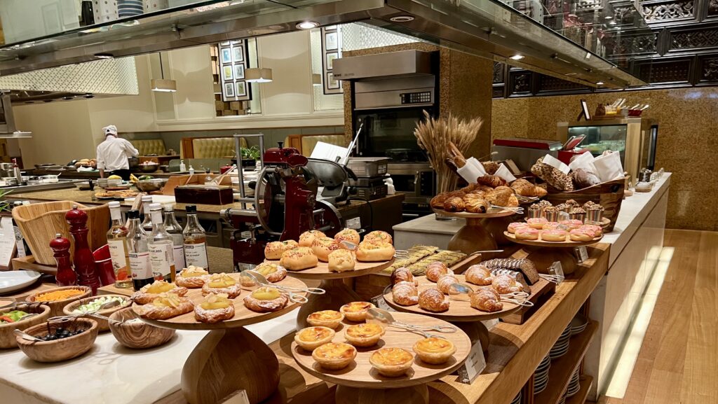 a counter with food on it
