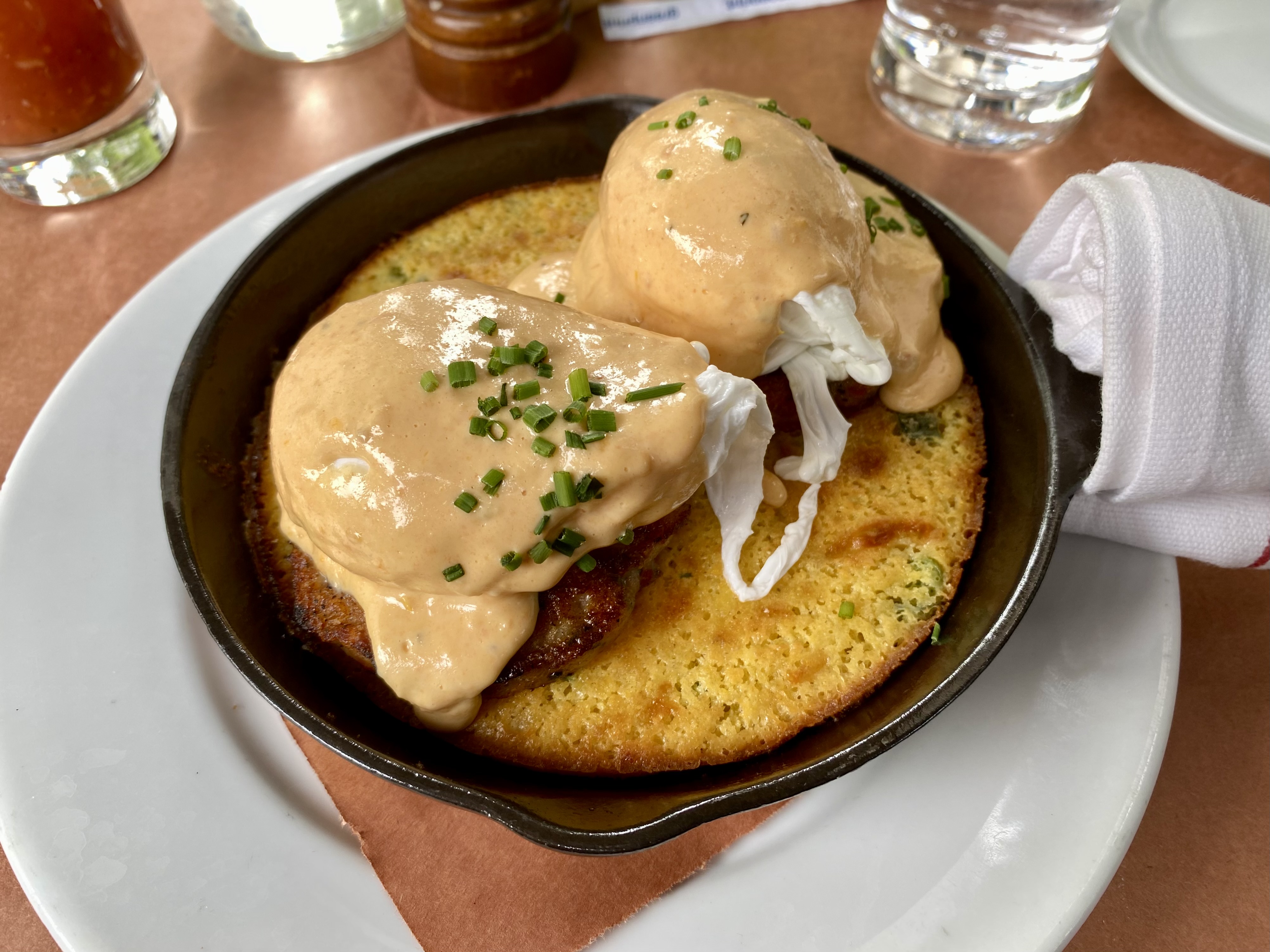 a pan of food with eggs and sauce