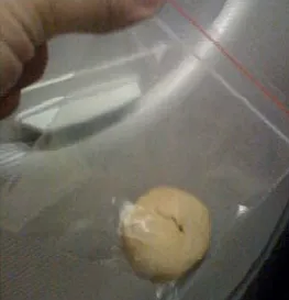 a hand holding a cookie in a plastic bag