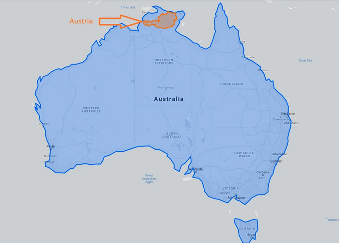 a map of australia with a red arrow pointing to the country