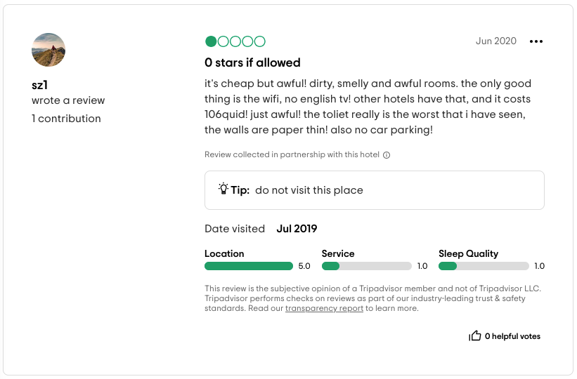 a screenshot of a review of a hotel