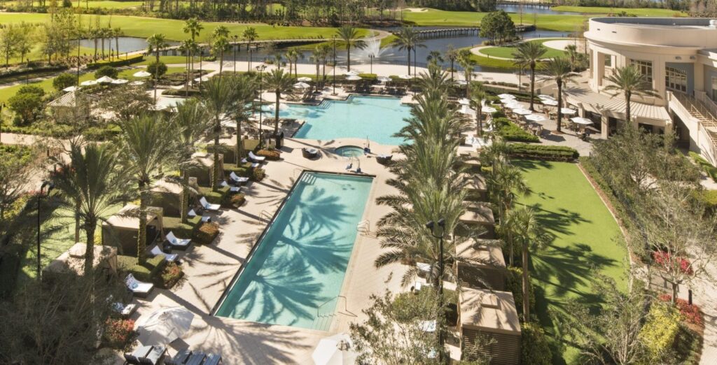 a pool with palm trees and a bridge