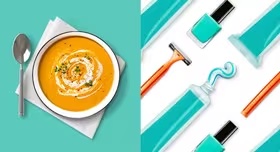 a bowl of soup and a razor and a bottle of gel