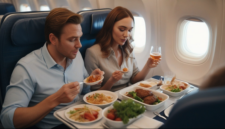 a man and woman eating food on an airplane