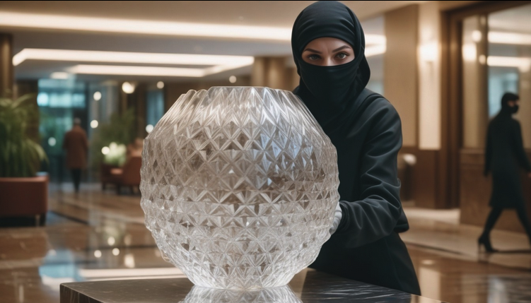 a woman wearing a black head covering and holding a large glass vase
